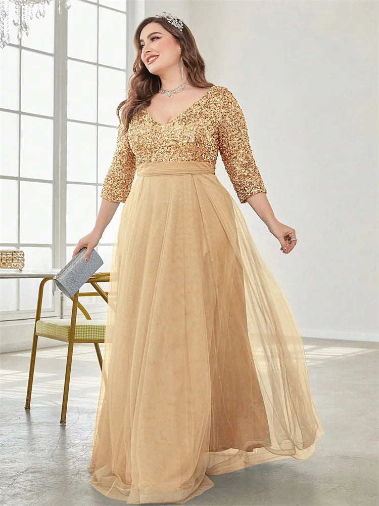 Plus Size Elegant V-neck Sequins Splicing Evening Dresses Luxury Women Wedding Party Prom Long Sleeve Cocktail Gowns