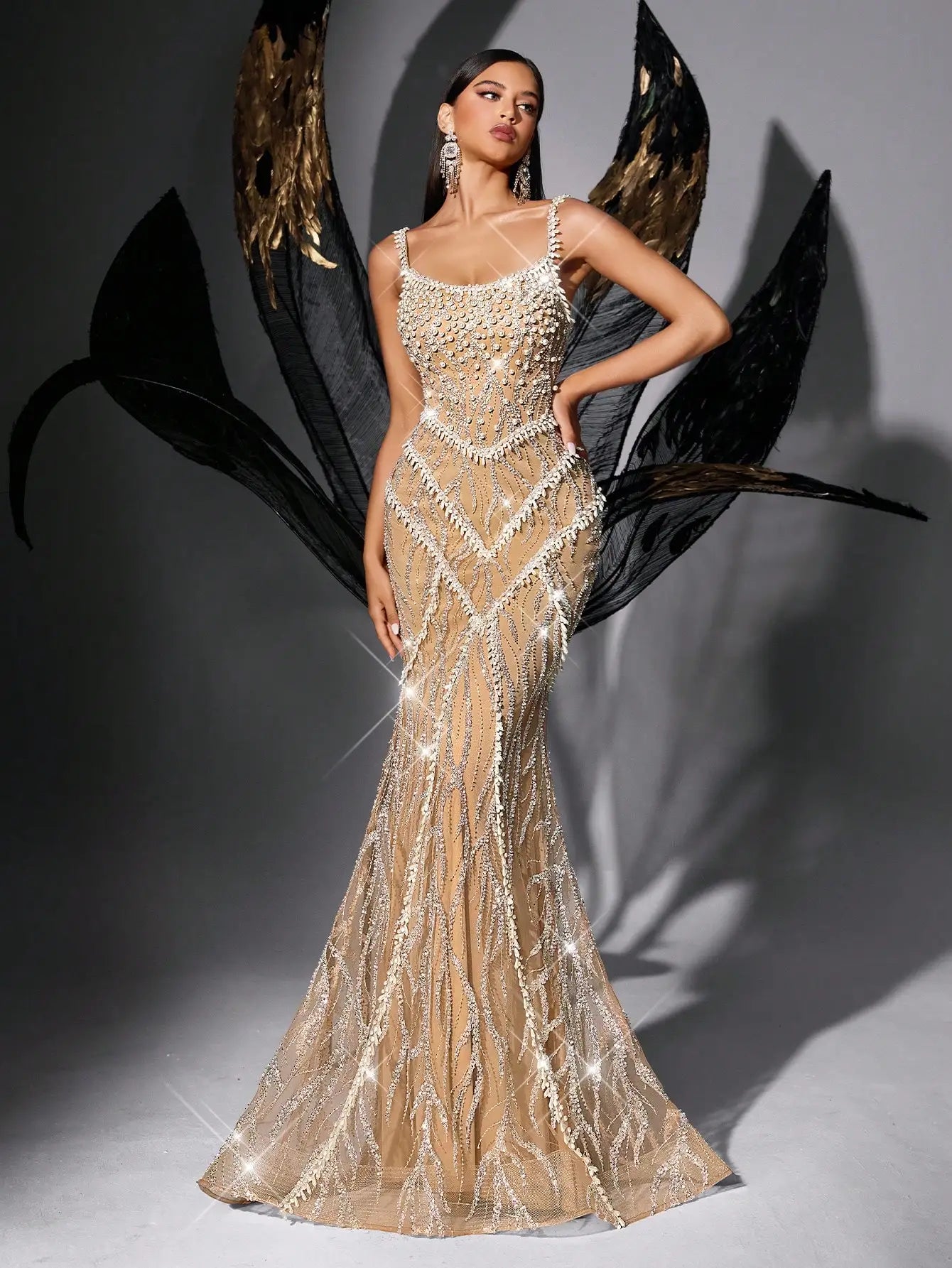 Off Shoulder Beaded Mermaid Evening Dress with Sequin Embellishments for Formal Events