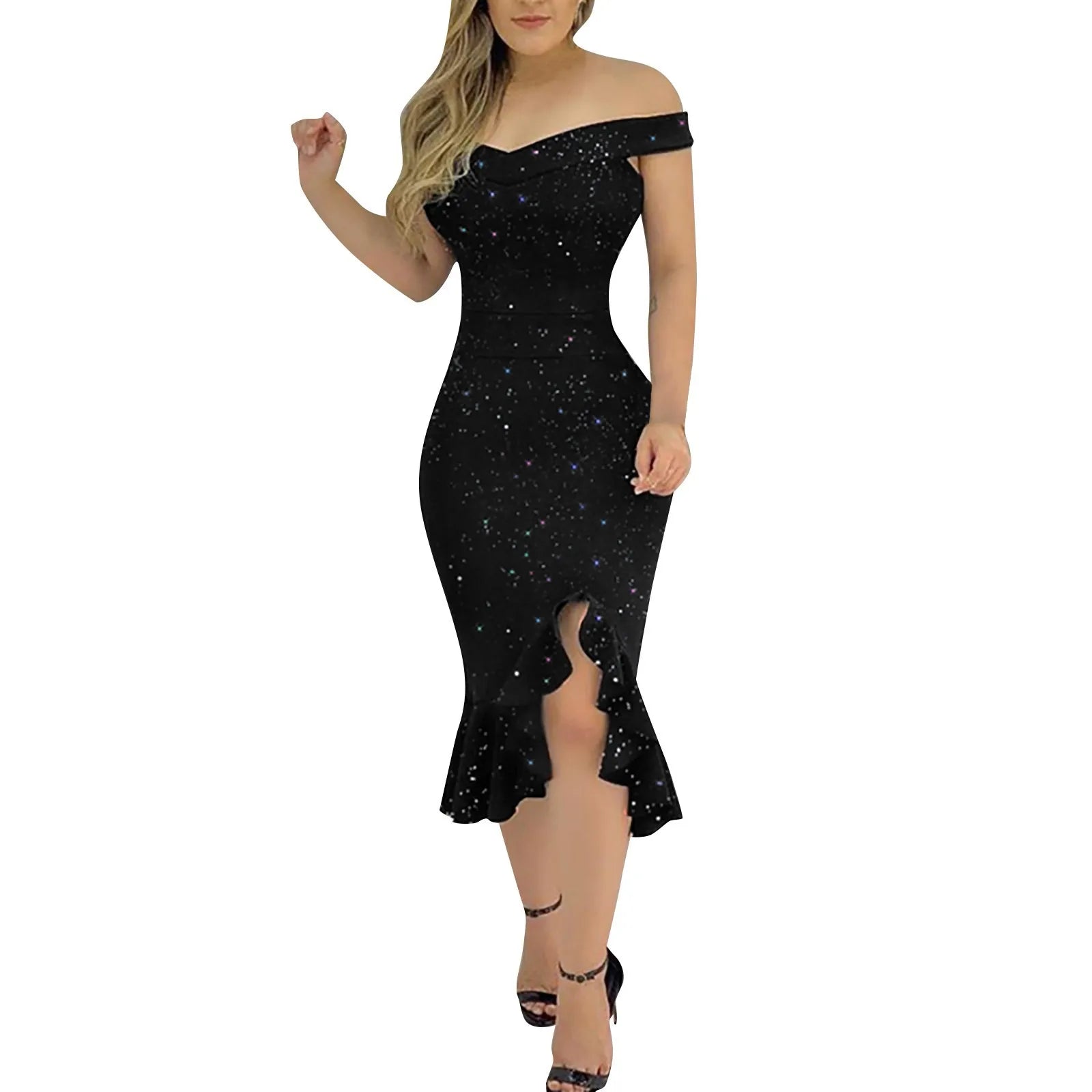 Women's Party Dress Sexy Off Shoulder Split Ruffle Solid Bodycon Knee-length Dress Fashion Glitter Party Elegant Dresses Vestido