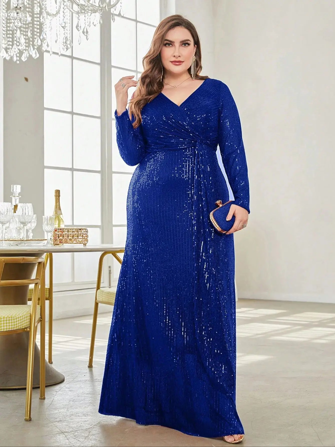 Plus Size Luxury V-Neck Long Sleeves Sequins Evening Dresses Women Elegant Party Maxi Cocktail Graduation Gowns