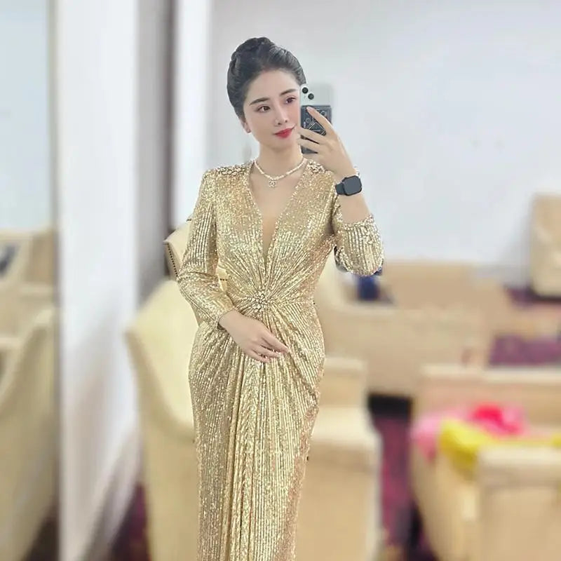 Sparkling sequin luxurious evening gown host, high temperament socialite evening vocal performance dress, long ball party dress