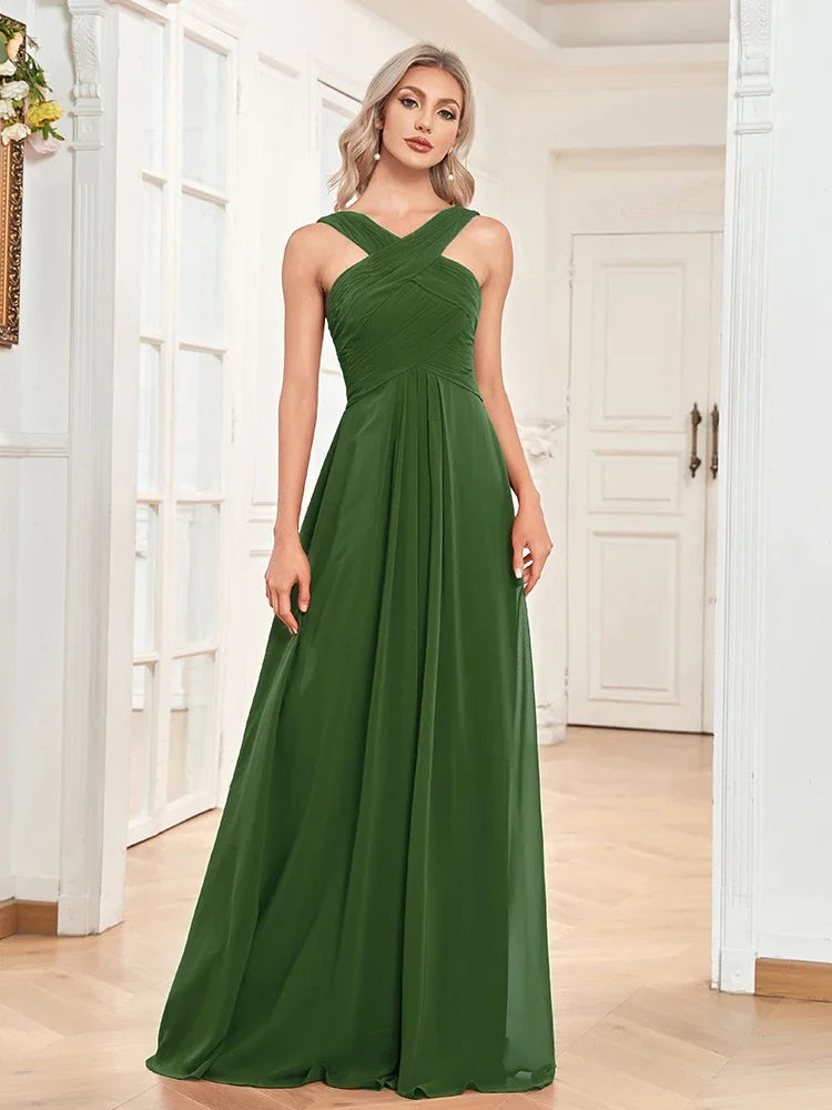 Elegant Chiffon Green Formal Evening Dresses 2025 Women Backless Wedding Party Bridesmaid Floor-lenght Cocktail Gown
