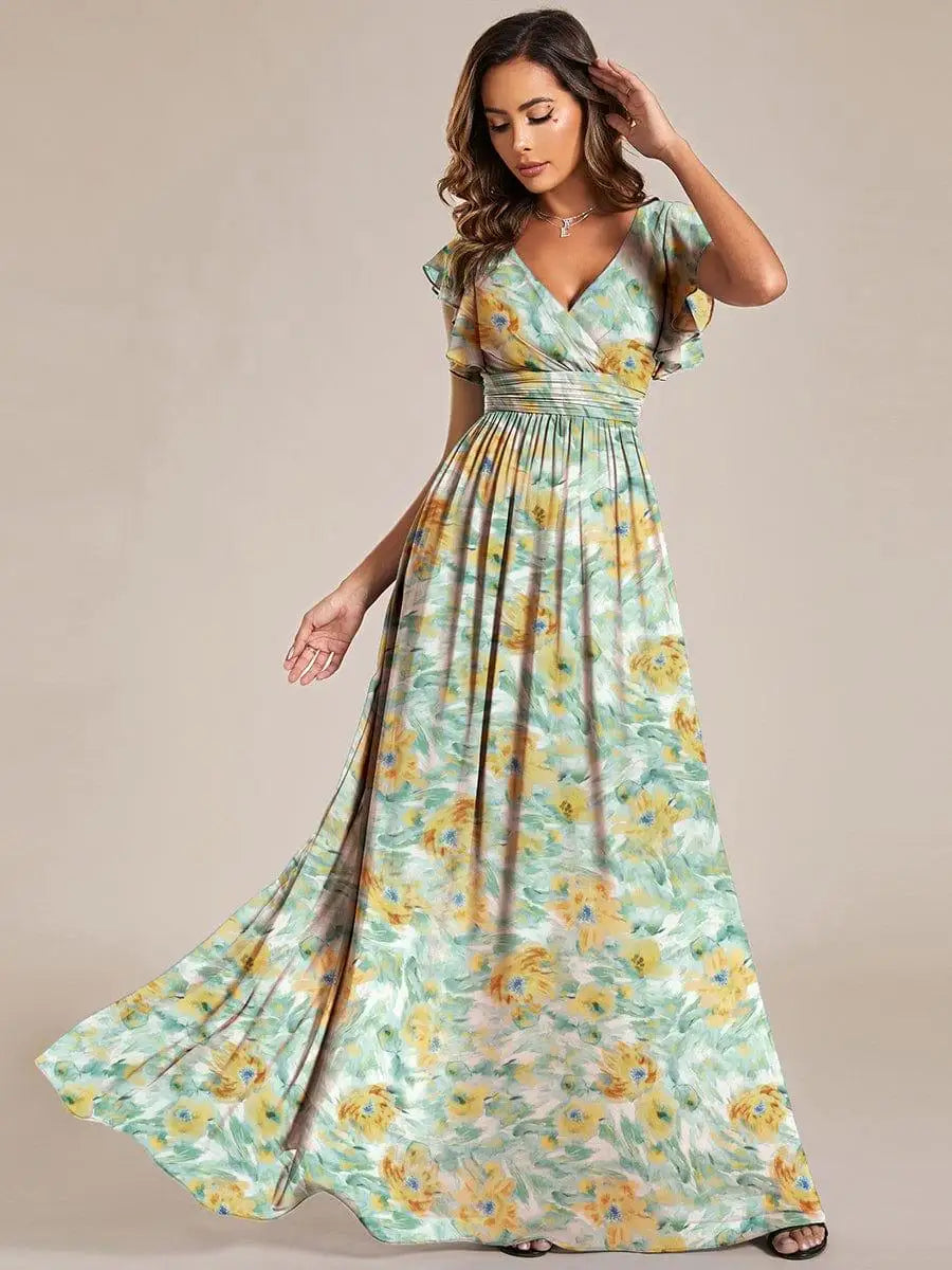 BAZIIINGAAA Party Dress Floral V-Neck Open Back Ruffled Sleeves Chiffon Bridesmaid Dress Evening dress