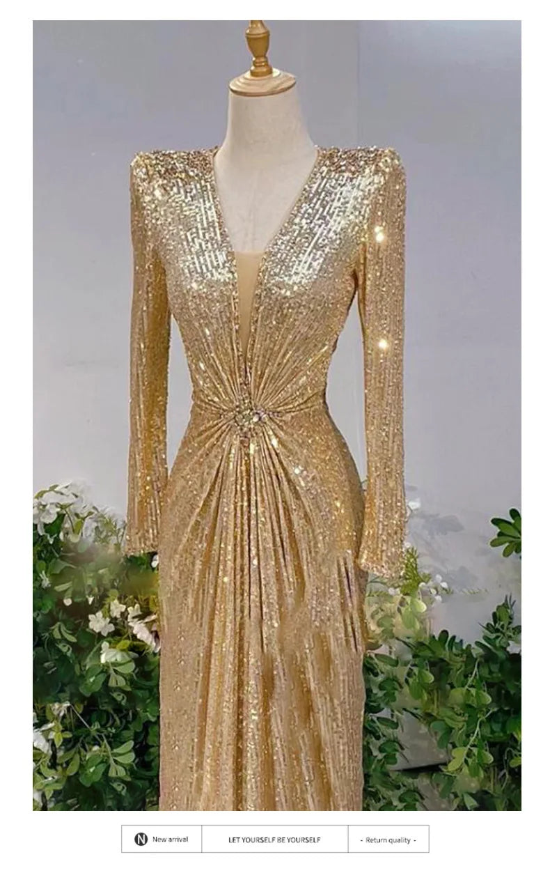 Sparkling sequin luxurious evening gown host, high temperament socialite evening vocal performance dress, long ball party dress