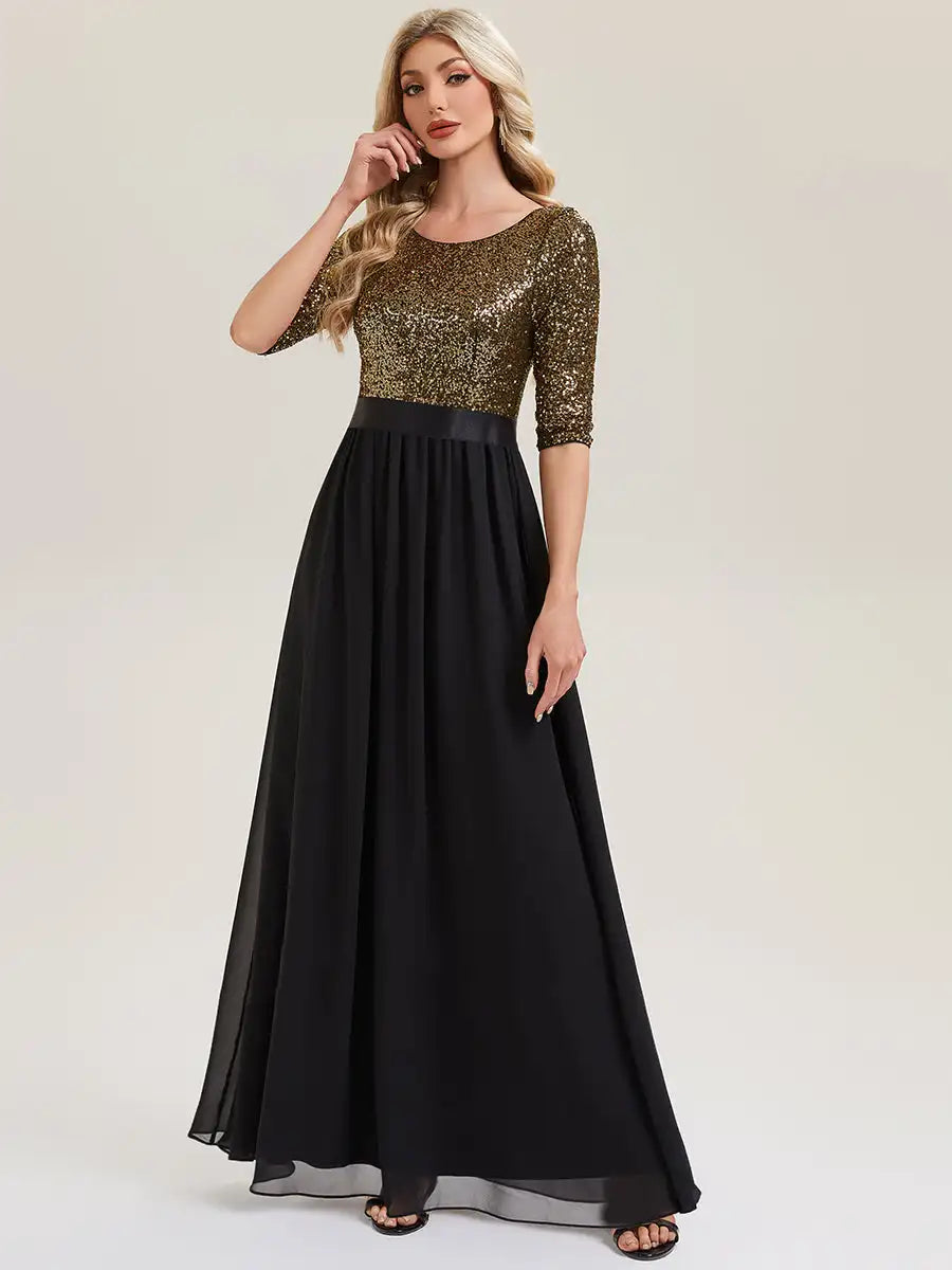 BAZIIINGAAA Party Dress 3/4 Sleeve Sequin Patchwork A-Line Floor Length Evening Dresses