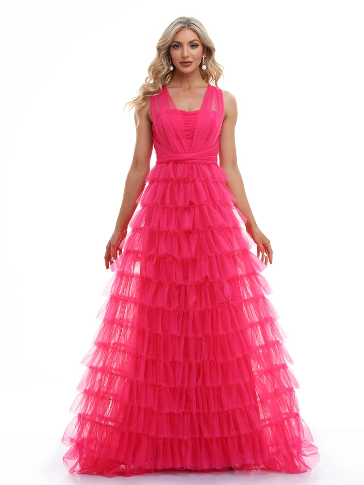 Luxury Sleeveless V-Neck tulle Formal Evening Dresses 2025 Elegant Wedding Party Tulle Women Bridesmaid Cocktail Gowns Prom