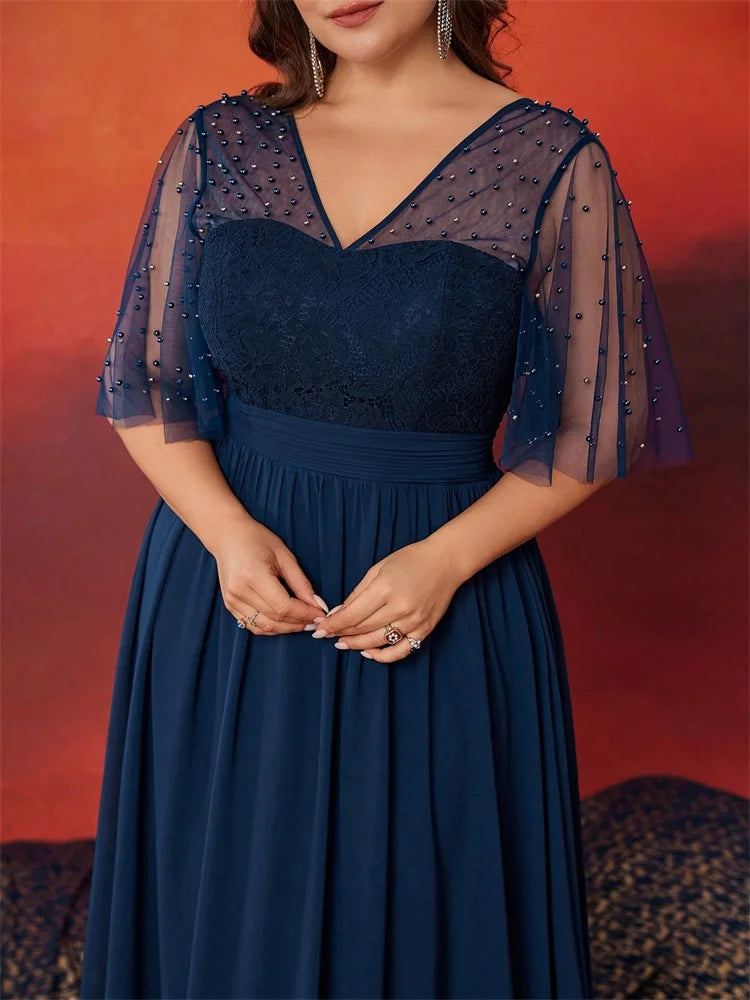 Plus Size Luxury V-Neck Chiffon Blue Evening Dress Women Elegant V-back Wedding Party Long Prom Cocktail Dress