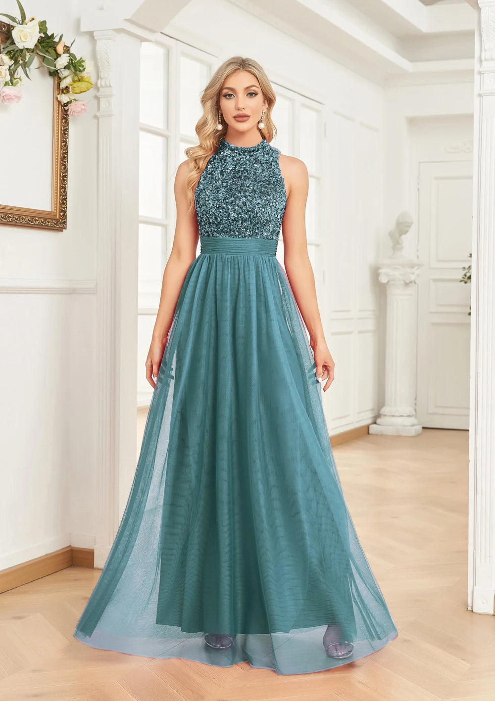 Elegant V-Neck Green Sequins Evening Dresses Long Luxury Women Tulle Sleeveless Wedding Party Cocktail Gowns