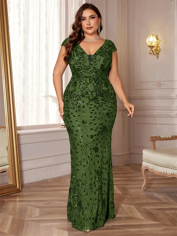 Plus Size Elegant Blue Evening Dress For Women 2024 Luxury Long Mermaid Formal Sequins V-neck Prom Wedding Party Gown