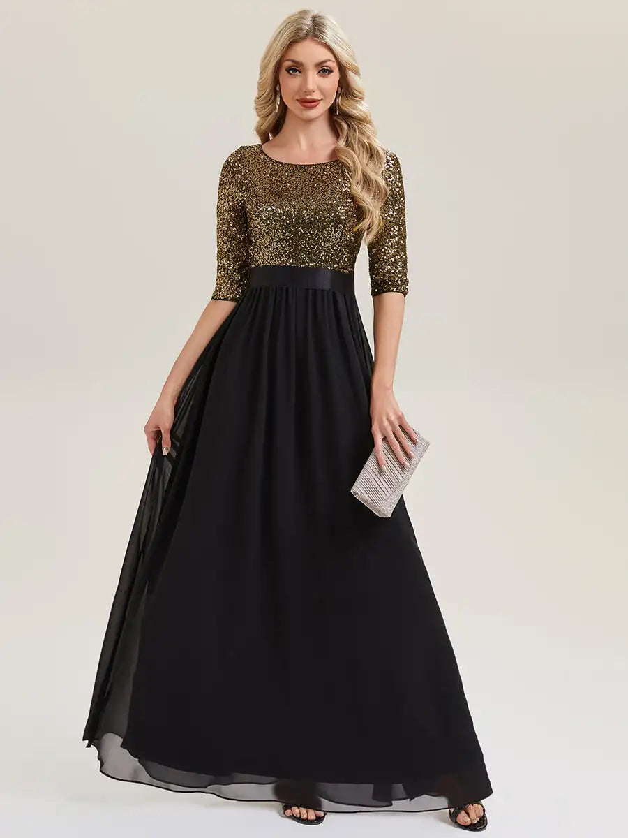 BAZIIINGAAA Party Dress 3/4 Sleeve Sequin Patchwork A-Line Floor Length Evening Dresses