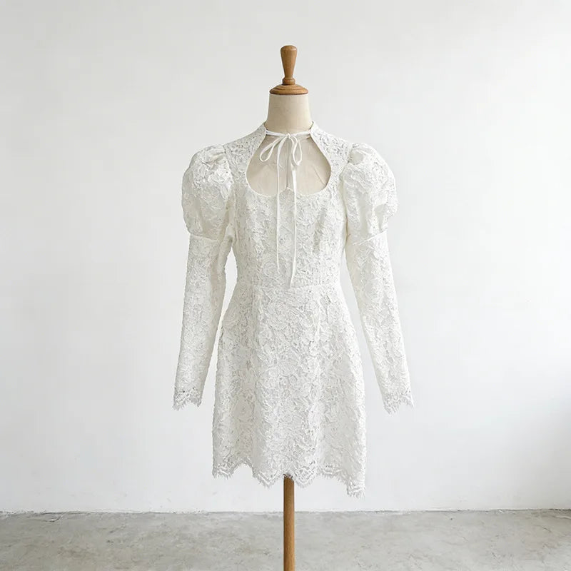 Elegant Lace Embroidery Dresses Spring Women Long Sleeve Lace Up Irregular Dress Autumn Female High Waist Straight Mini Dress