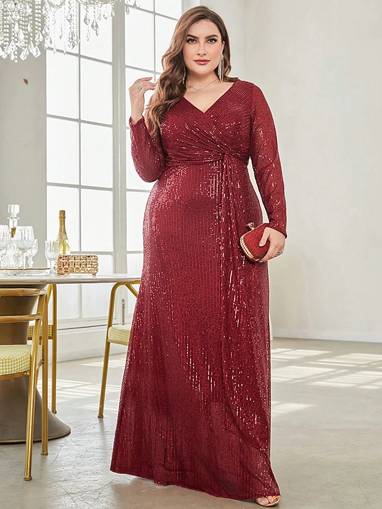 Plus Size Luxury V-Neck Long Sleeves Sequins Evening Dresses Women Elegant Party Maxi Cocktail Graduation Gowns
