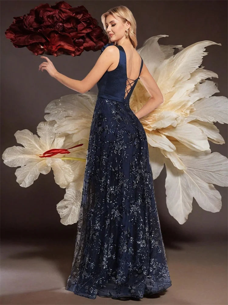 Elegant V-Neck Gold Floral Evening Dress Long 2024 Luxury Women Chiffon Sleevesless Party Dress Prom Cocktail Dress