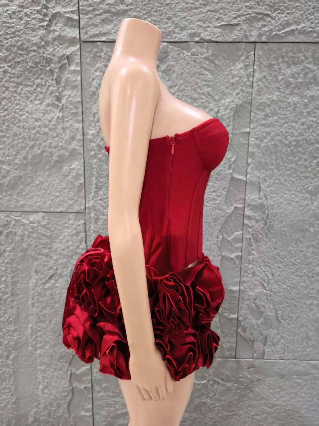 Red Color Women Sexy Strapless Full Florlas Bodycon Mini Bandage Dress 2 Pieces Set Celebrate Nightclub Party Birthday Wear