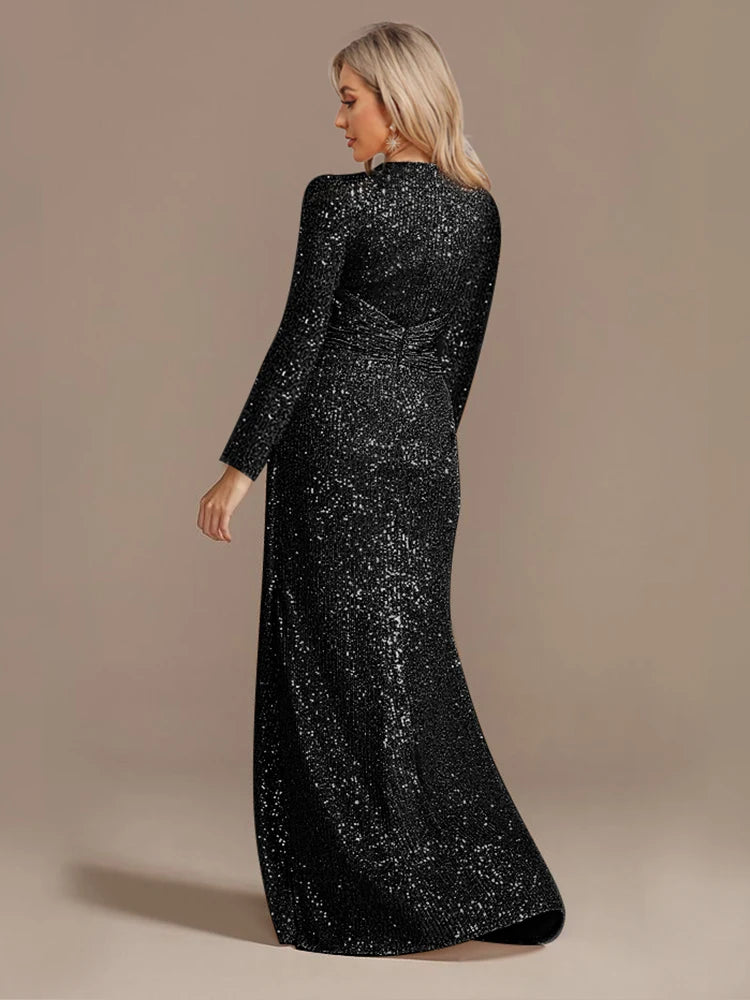 Luxury Floor Length V-Neck Evening Dress 2025 Women Elegant Party Maxi Dress Sequin Long Sleeves Prom Cocktail Dress