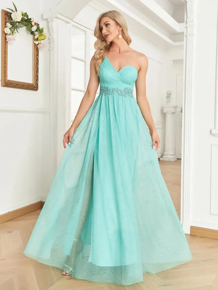 Luxury Slanted shoulder Sequins Tulle Maxi Evening Dresses Waist-cinching mermaid Wedding Party Night Elegant Cocktail Gown