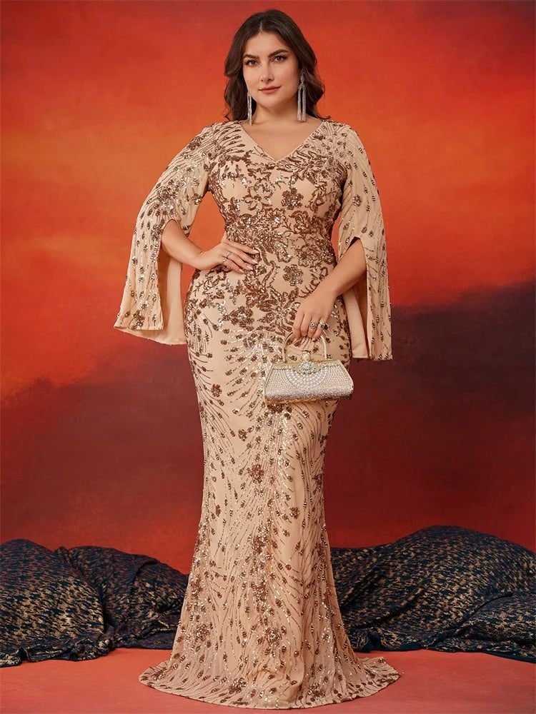 Plus Size Luxury Gold Evening Dresses Women 2024 Long Sleeve Mermaid Formal Sequins Prom Wedding Party Cocktail Gowns