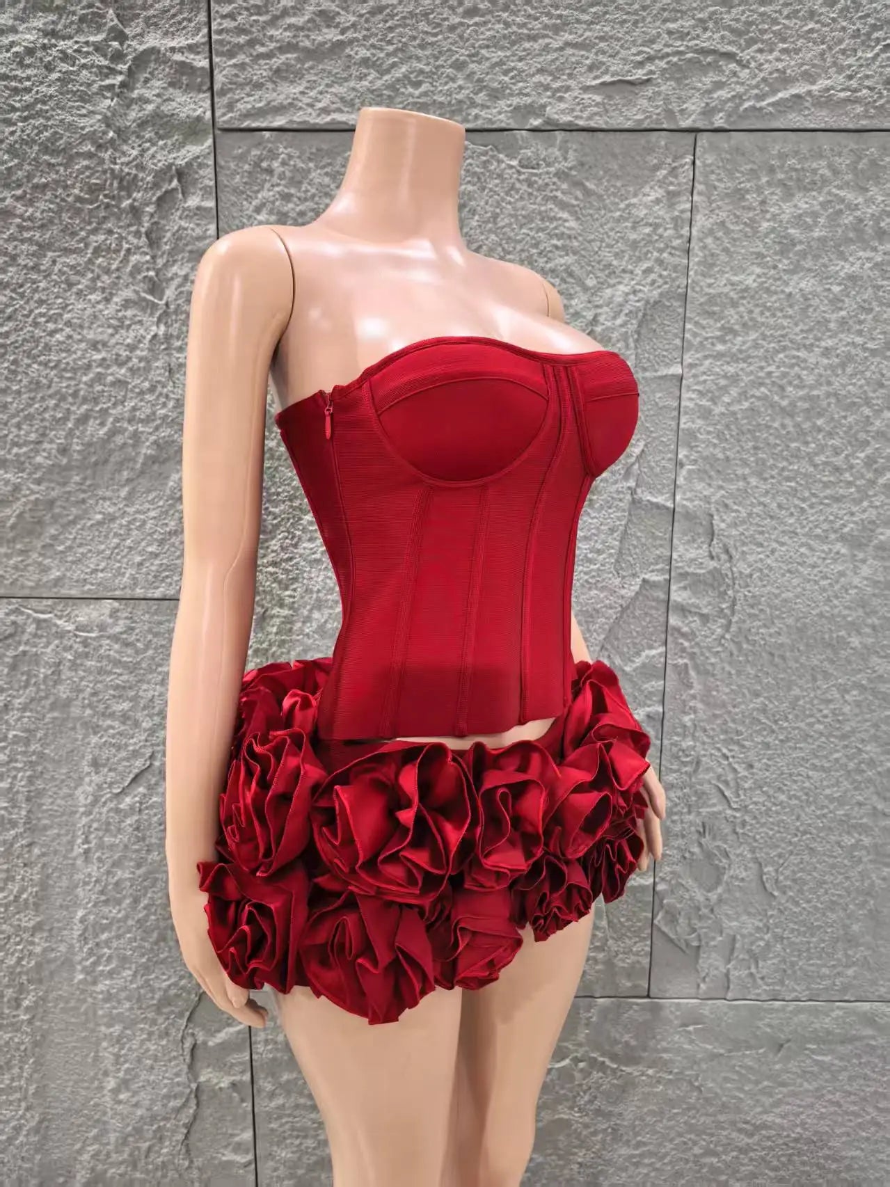 Red Color Women Sexy Strapless Full Florlas Bodycon Mini Bandage Dress 2 Pieces Set Celebrate Nightclub Party Birthday Wear