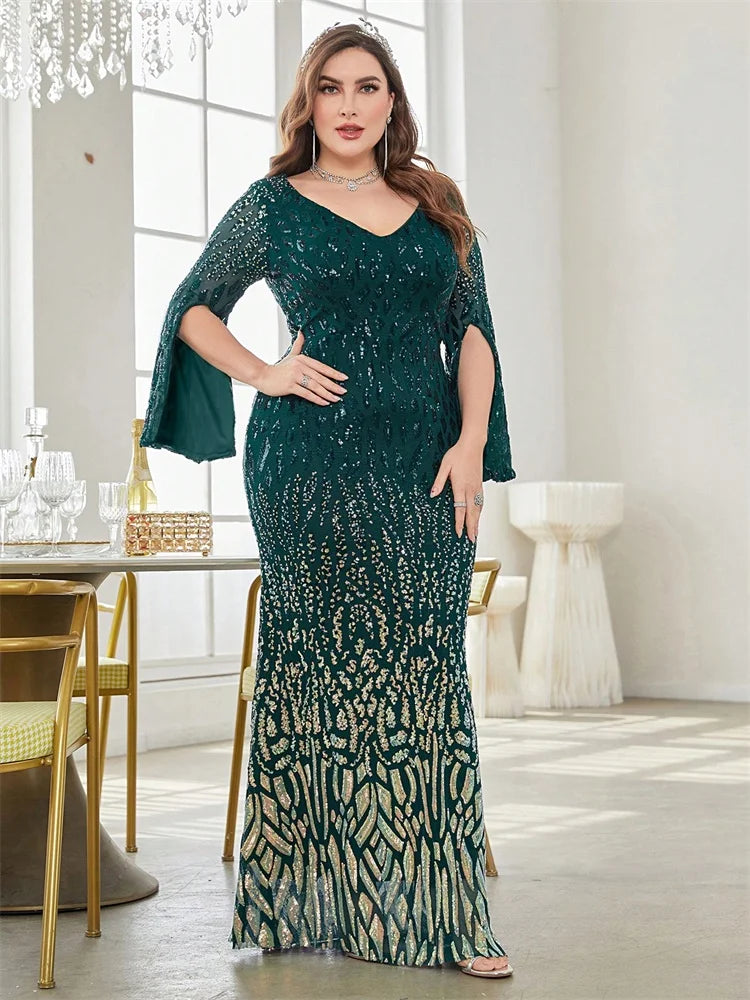 Plus Size Elegant Sequin Black Evening Dress 2025 Women Formal Maxi Prom Long Sleeves Party Luxury Cocktail Dress