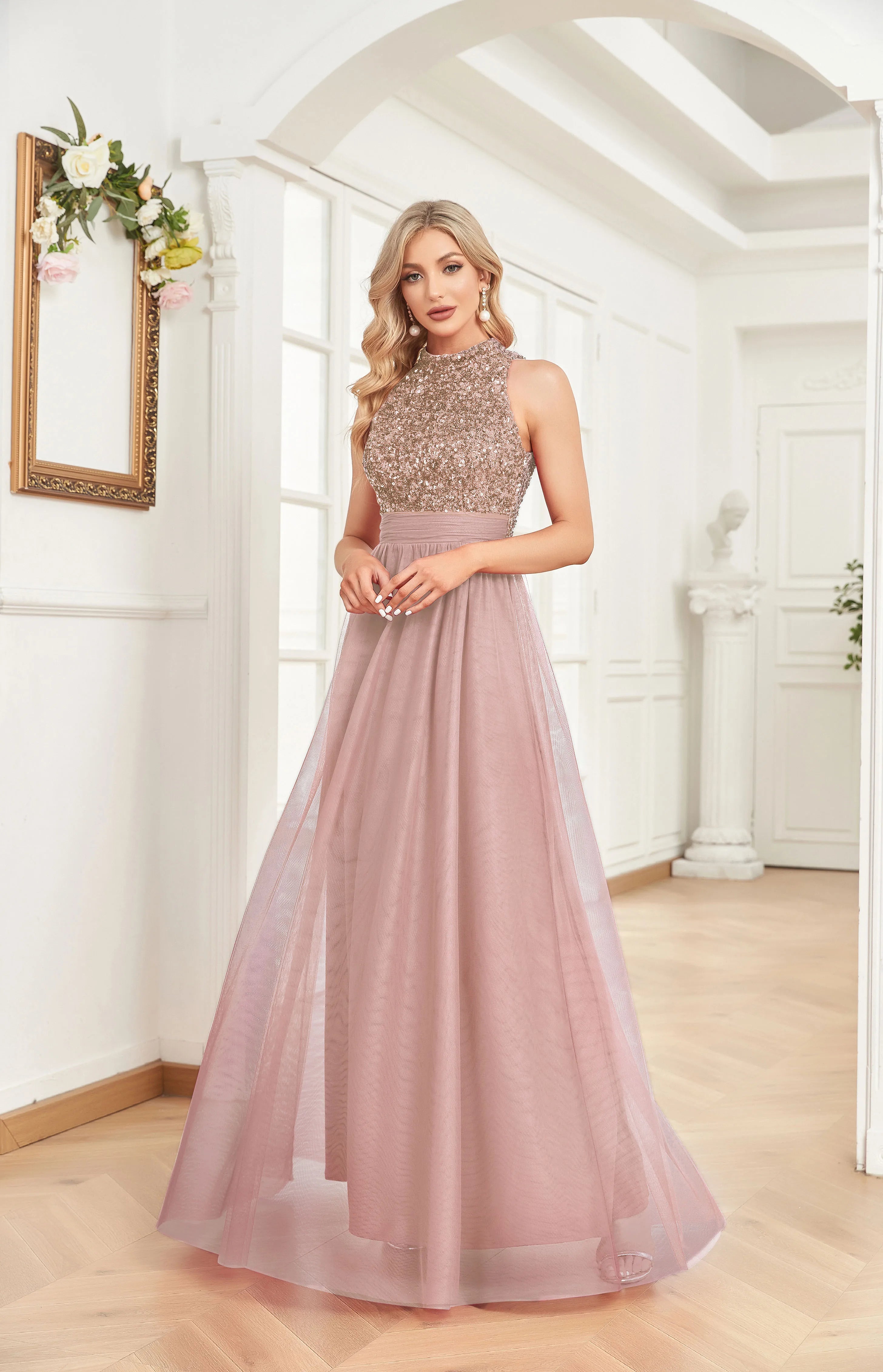 Elegant V-Neck Green Sequins Evening Dresses Long Luxury Women Tulle Sleeveless Wedding Party Cocktail Gowns