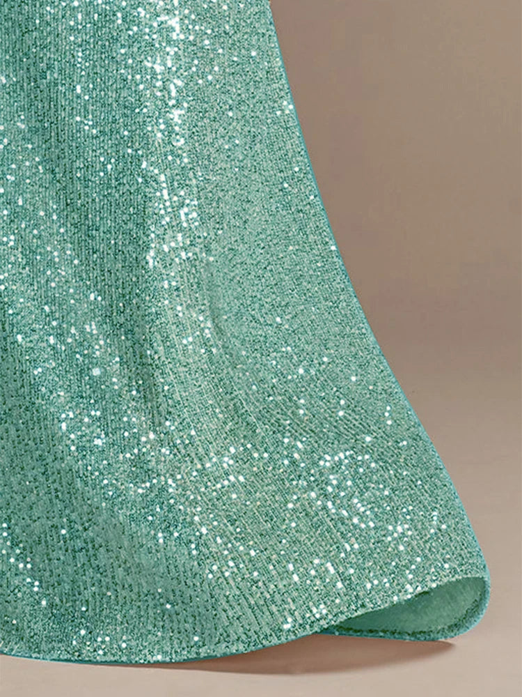 Luxury Floor Length V-Neck Evening Dresses Women Elegant Wedding Party Maxi Dress Sequins Short Sleeves Prom Cocktail Gowns