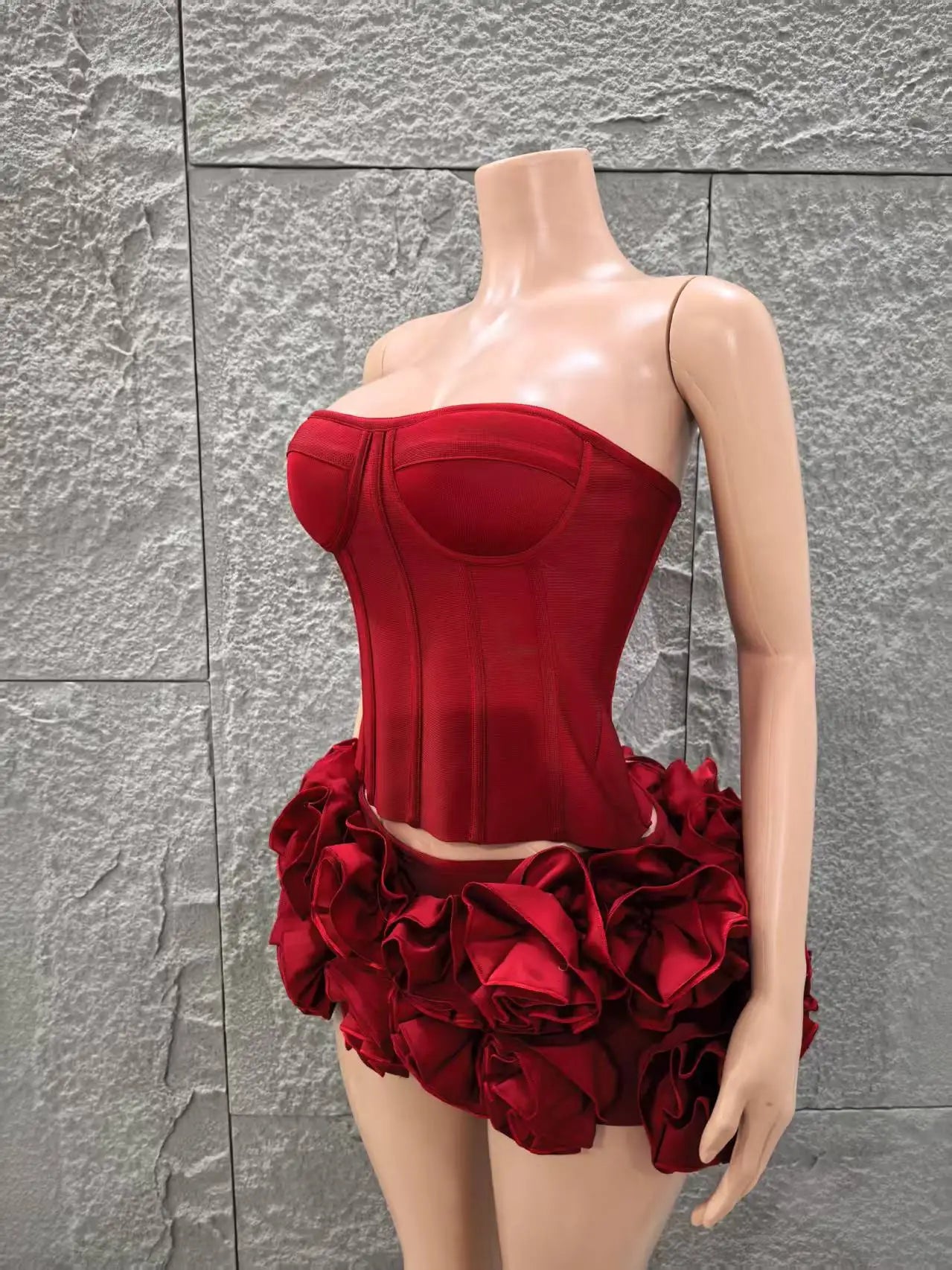 Red Color Women Sexy Strapless Full Florlas Bodycon Mini Bandage Dress 2 Pieces Set Celebrate Nightclub Party Birthday Wear