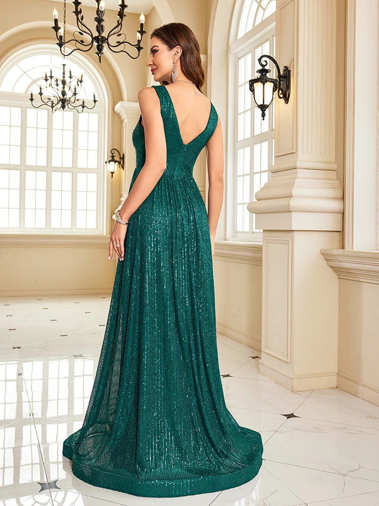 Women Luxury V-Neck Sleeveless Green Formal Evening Dress Sequin 2025 Wedding Party Prom Maxi Cocktail Dress Vestido