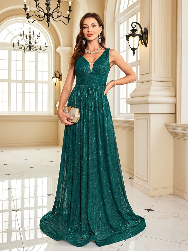 Women Luxury V-Neck Sleeveless Green Formal Evening Dress Sequin 2025 Wedding Party Prom Maxi Cocktail Dress Vestido