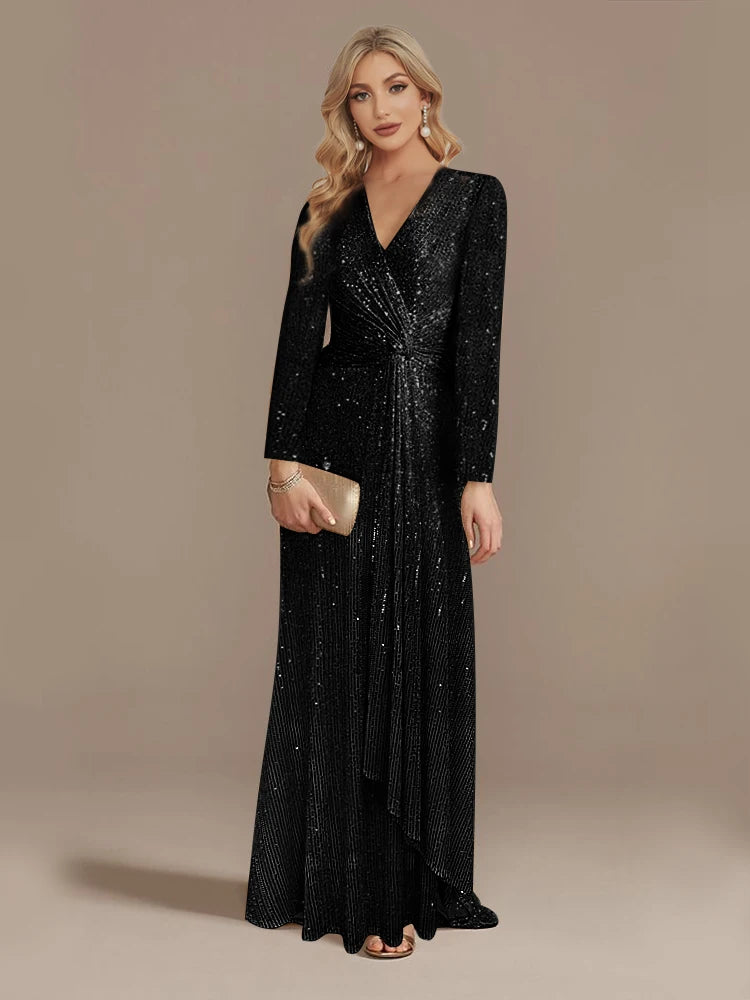 Luxury Floor Length V-Neck Evening Dress 2025 Women Elegant Party Maxi Dress Sequin Long Sleeves Prom Cocktail Dress