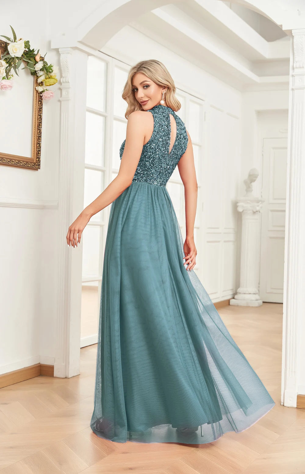 Elegant V-Neck Green Sequins Evening Dresses Long Luxury Women Tulle Sleeveless Wedding Party Cocktail Gowns