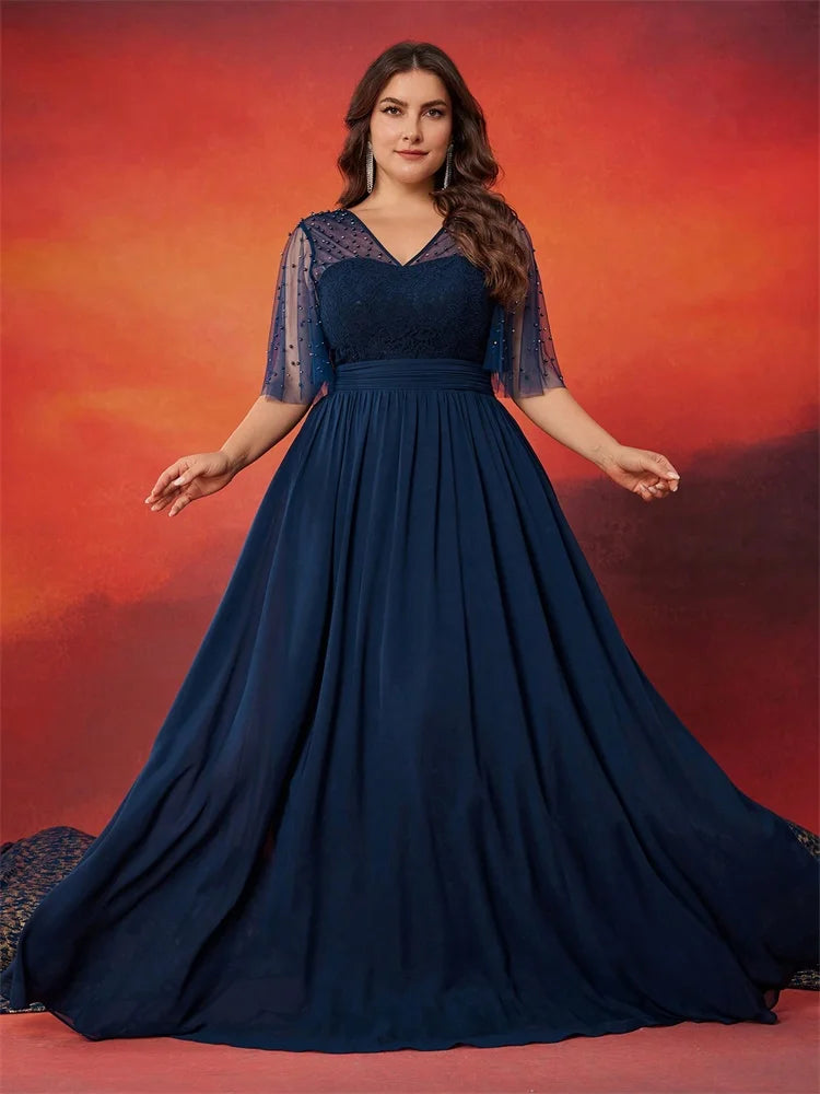 Plus Size Luxury V-Neck Chiffon Blue Evening Dress Women Elegant V-back Wedding Party Long Prom Cocktail Dress