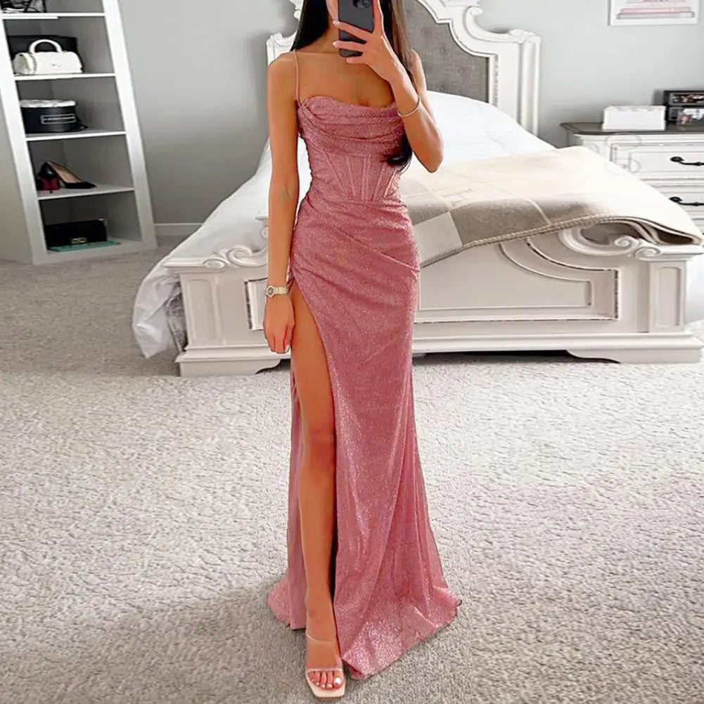 Women Evening Dress Spaghetti Strap Shiny Sequin Off Shoulder Sleeveless Low-cut High Split Loose Floor Length Women Prom Dress