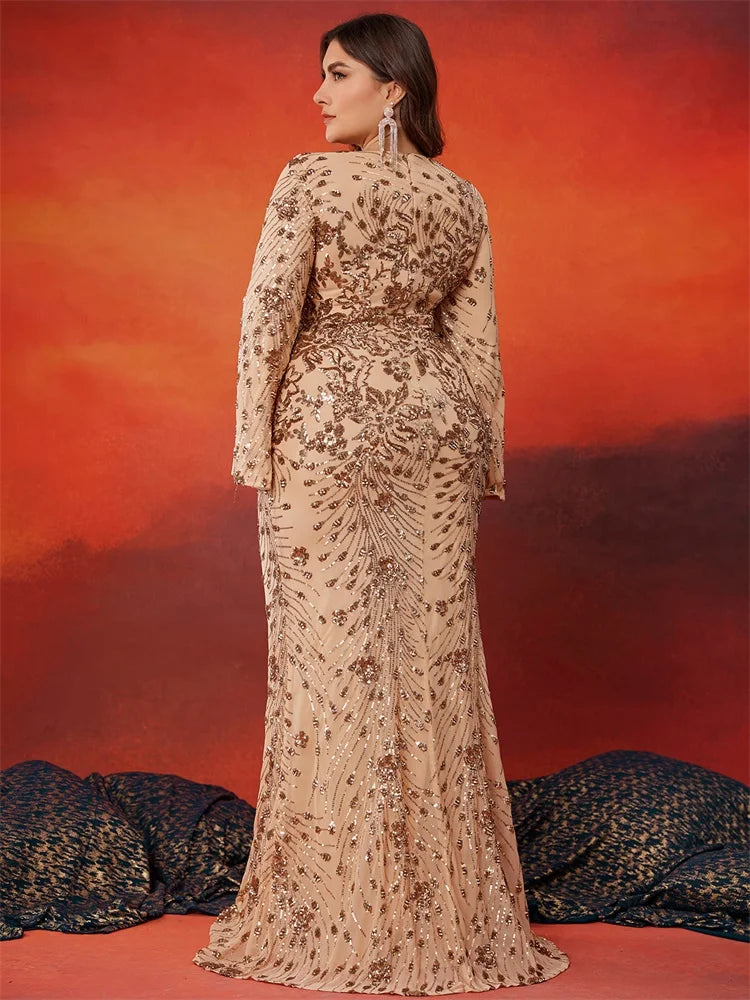 Plus Size Luxury Gold Evening Dresses Women 2024 Long Sleeve Mermaid Formal Sequins Prom Wedding Party Cocktail Gowns