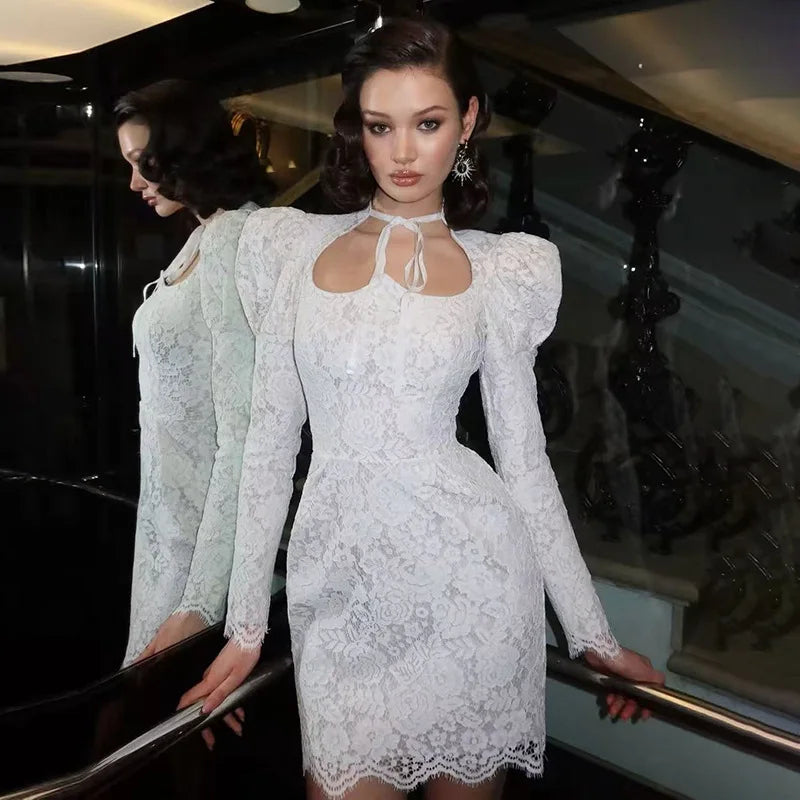 Elegant Lace Embroidery Dresses Spring Women Long Sleeve Lace Up Irregular Dress Autumn Female High Waist Straight Mini Dress