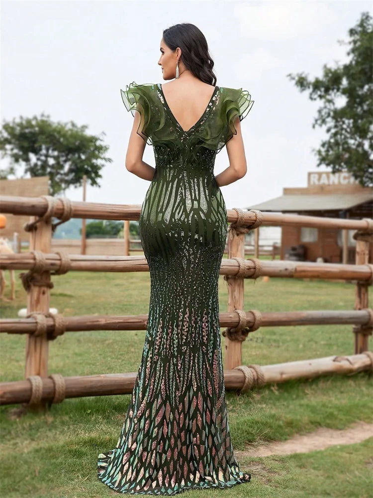 Elegant Black Evening Dresses Women 2025 Luxury Long Mermaid Formal Sequins V-neck Prom Wedding Party Cocktail Gown