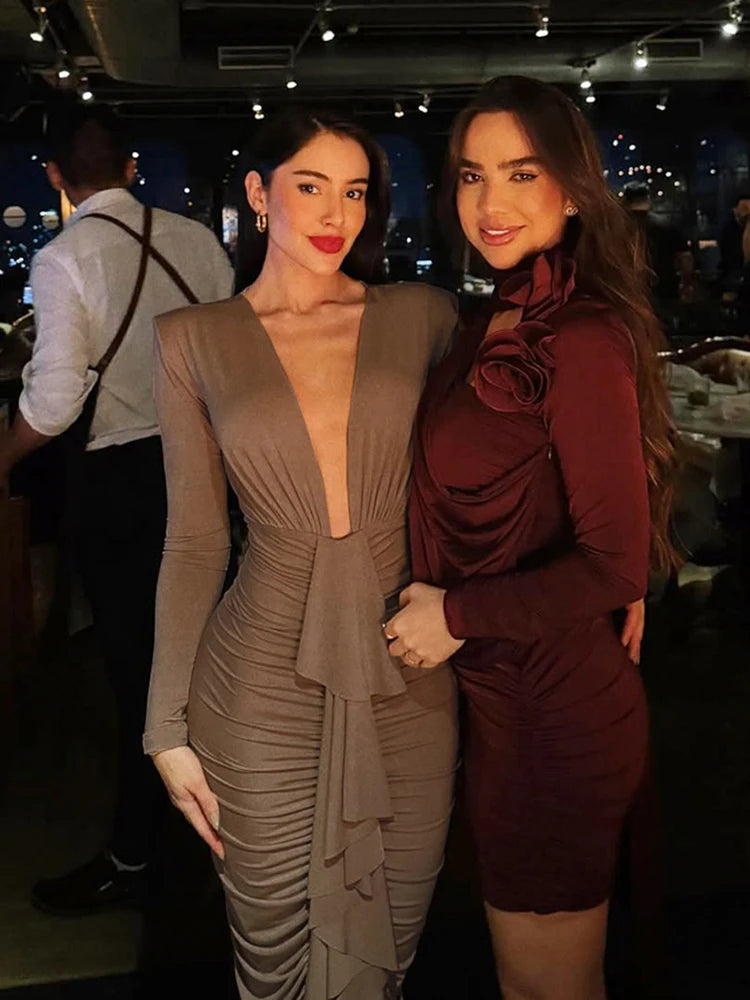 Weird Puss Ruched Ruffles Maxi Dress Deep V-Neck Full Sleeve Elegant Sexy Stretch Skinny Birthday Evening Cocktail Party Bodycon