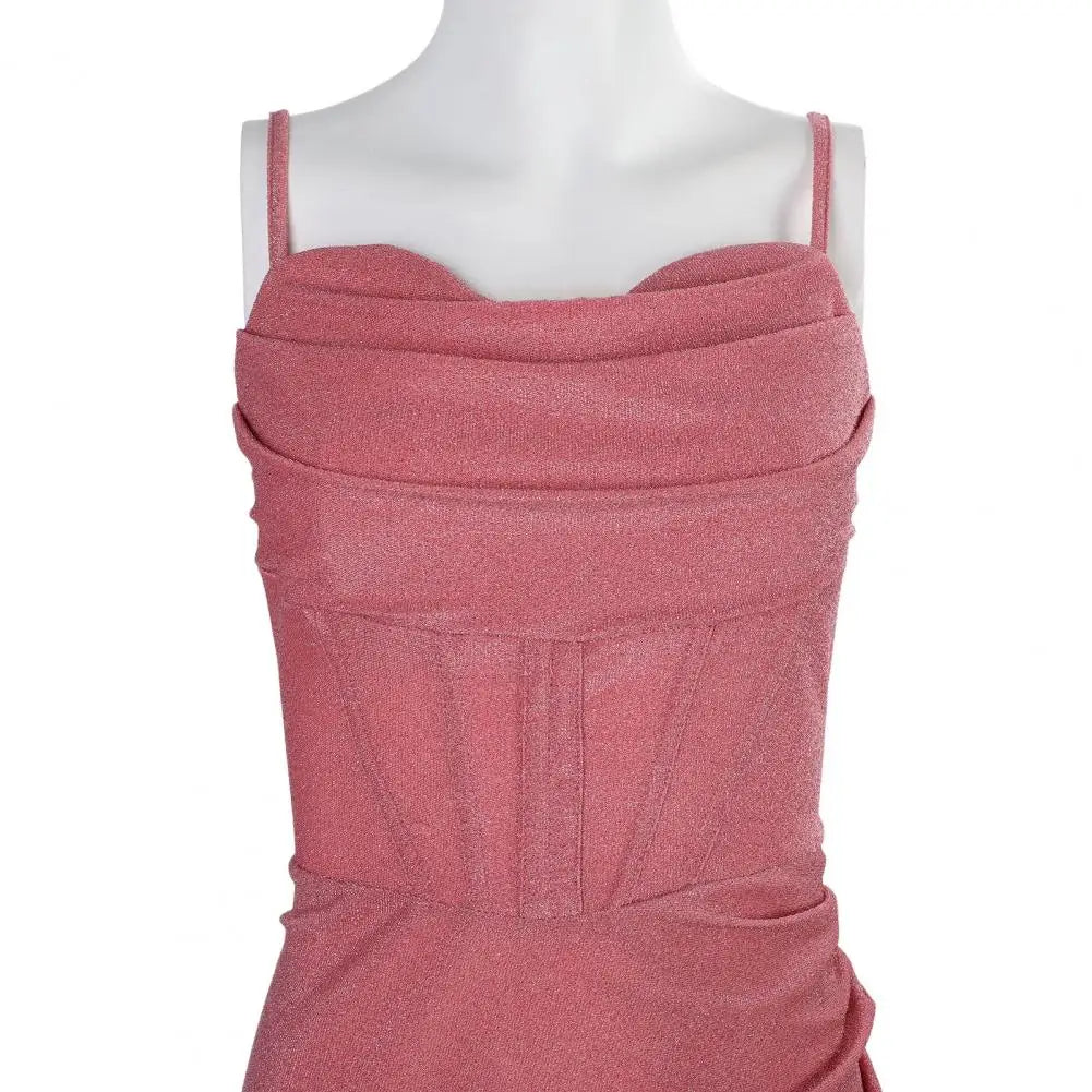 Women Evening Dress Spaghetti Strap Shiny Sequin Off Shoulder Sleeveless Low-cut High Split Loose Floor Length Women Prom Dress