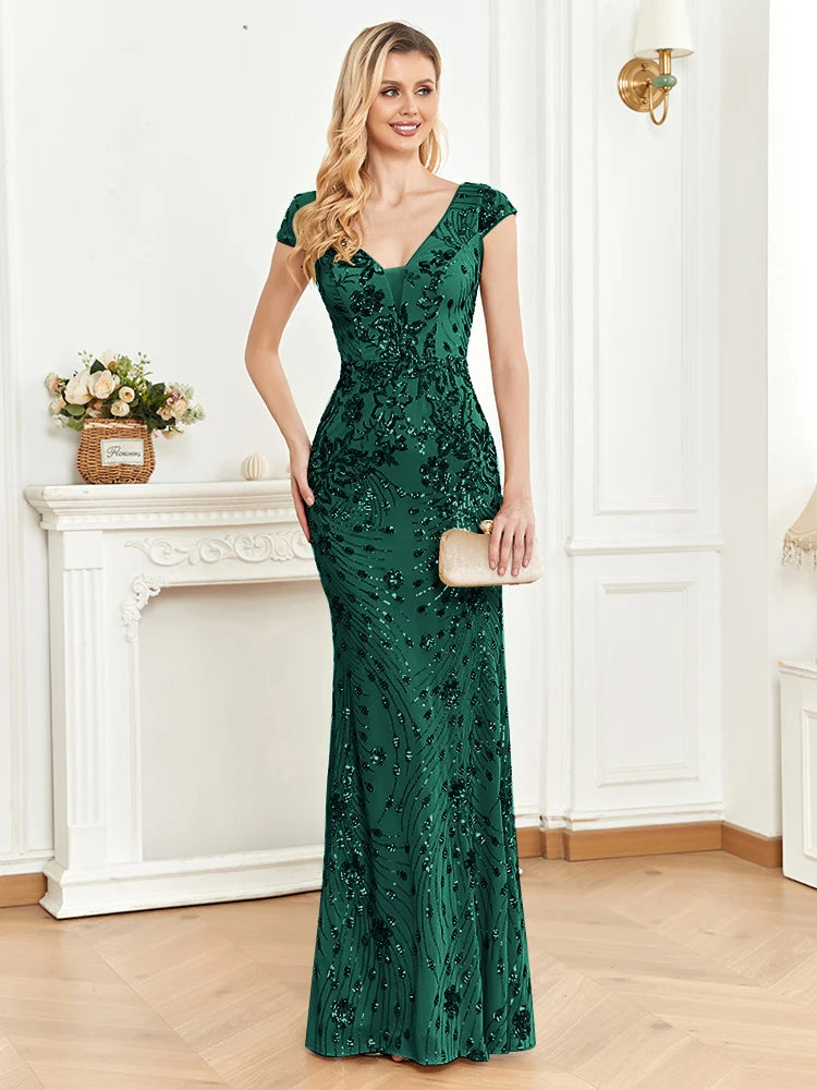 Elegant Champagne Evening Dress For Women Long 2024 Luxury Mermaid Formal Sequins Prom Wedding Party Cocktail Dresses