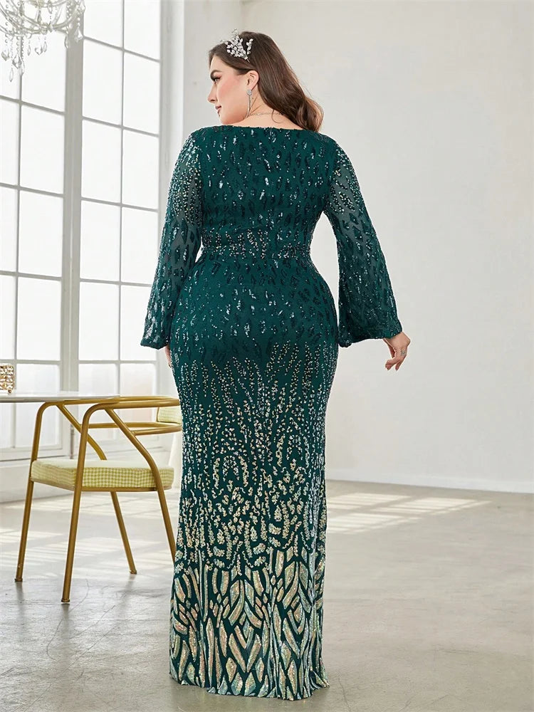 Plus Size Elegant Sequin Black Evening Dress 2025 Women Formal Maxi Prom Long Sleeves Party Luxury Cocktail Dress