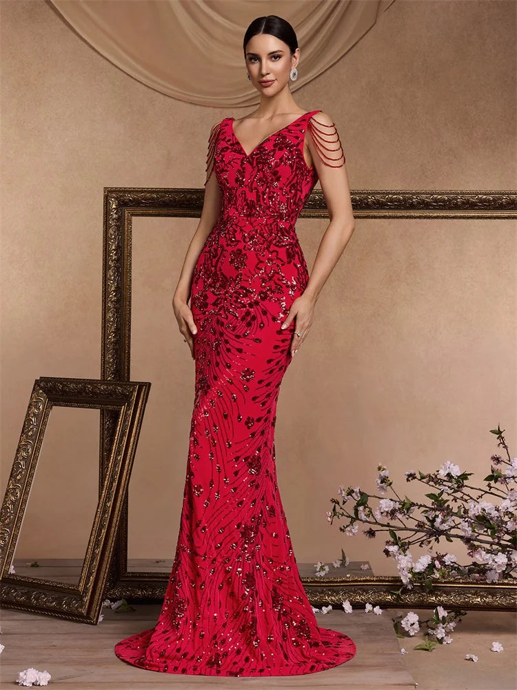 Elegant Deep V-Neck Red Sequin Formal Evening Dresses Women 2024 Beading Wedding Party Mermaid Cocktail Prom Gown