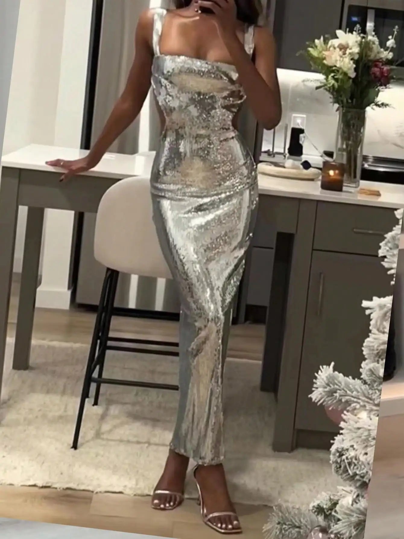 Silver Sequin Square Neck Sleeveless Fishtail Backless Evening Dress for Prom Wedding Guest