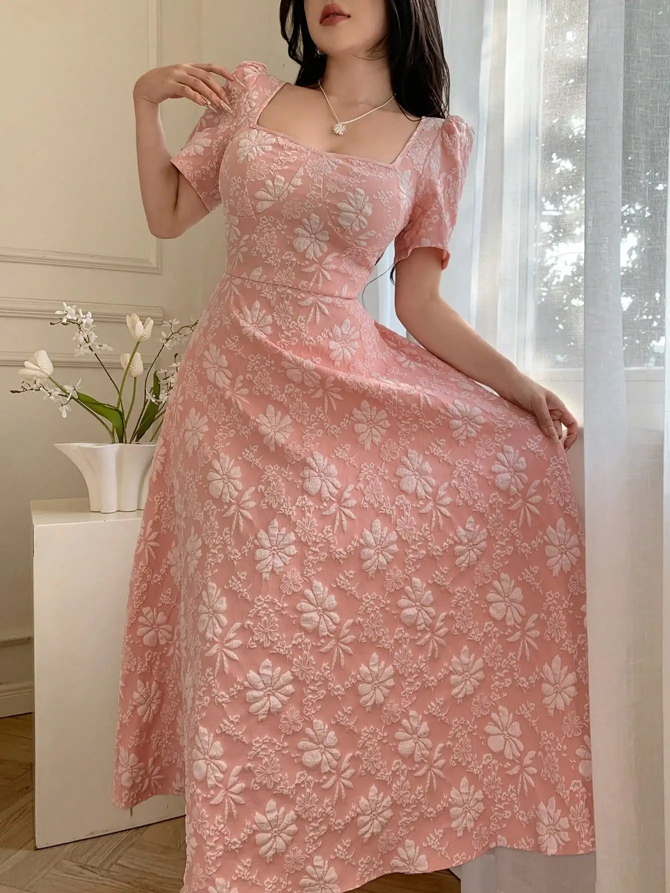 Pink Floral Jacquard A-Line Midi Dress with Square Neck and Puff Sleeves