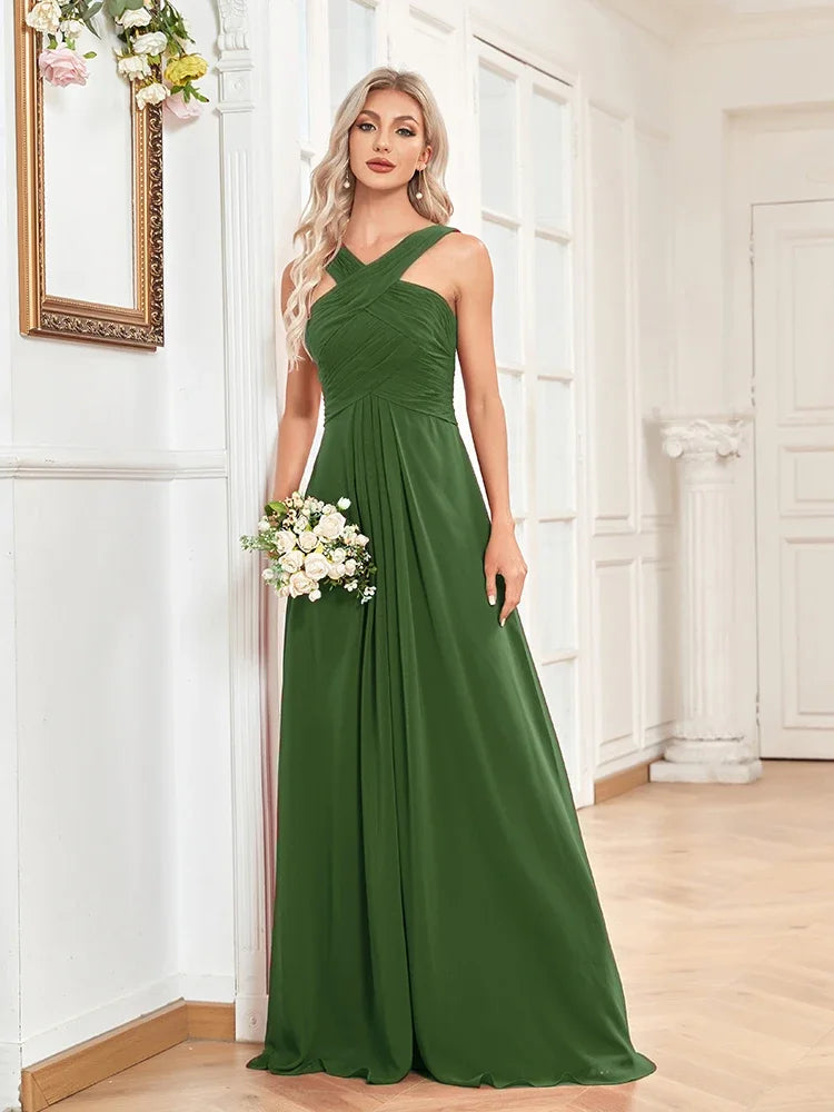 Elegant Chiffon Green Formal Evening Dresses 2025 Women Backless Wedding Party Bridesmaid Floor-lenght Cocktail Gown