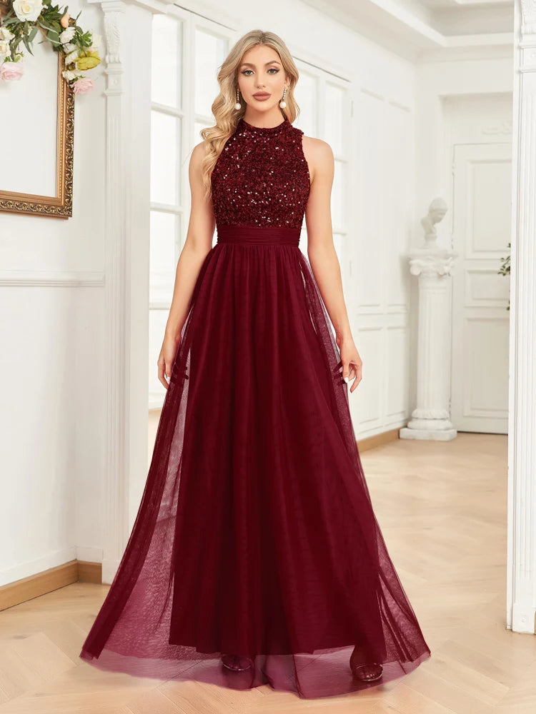 Elegant V-Neck Green Sequins Evening Dresses Long Luxury Women Tulle Sleeveless Wedding Party Cocktail Gowns