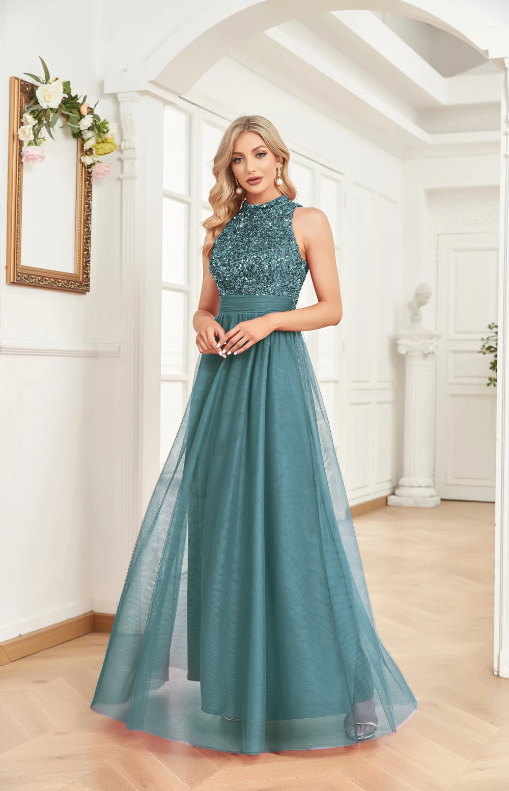 Elegant V-Neck Green Sequins Evening Dresses Long Luxury Women Tulle Sleeveless Wedding Party Cocktail Gowns