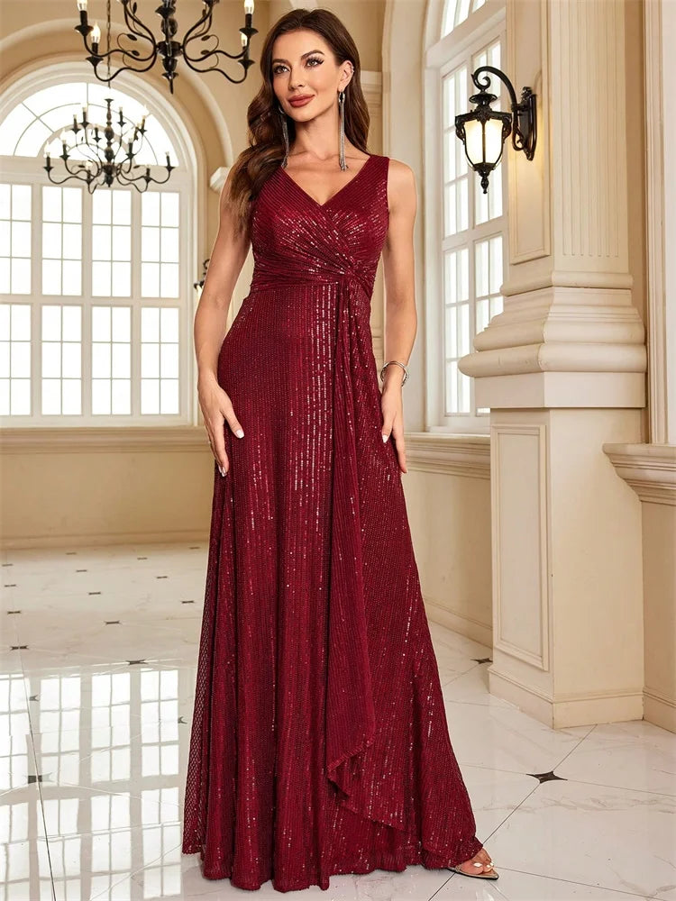 Luxury Floor Length V-Neck Evening Dresses Elegant Party Women 2025 Wedding Sequins Formal Cocktail Prom BridesmaidGowns