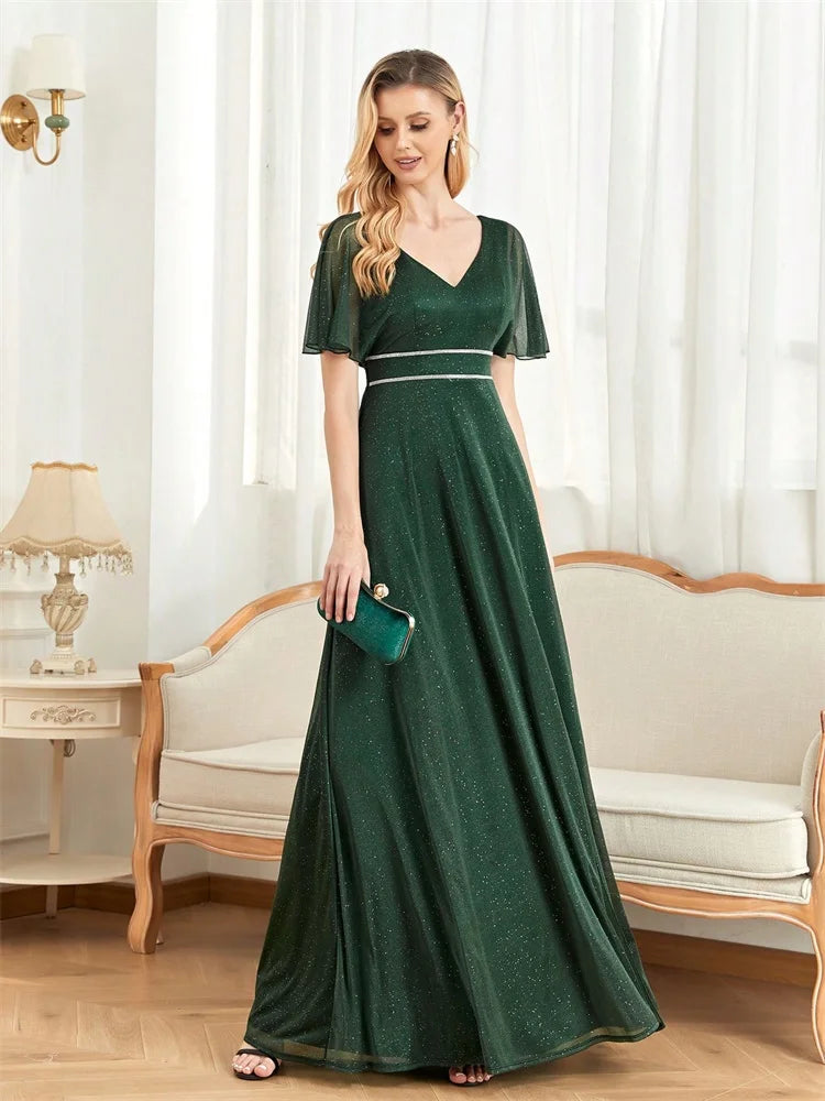 Elegant Short Sleeves Evening Dresses Women V-Neck Green Floor Lenght Shinning Slit Wedding Party Long Prom Graduation Gowns