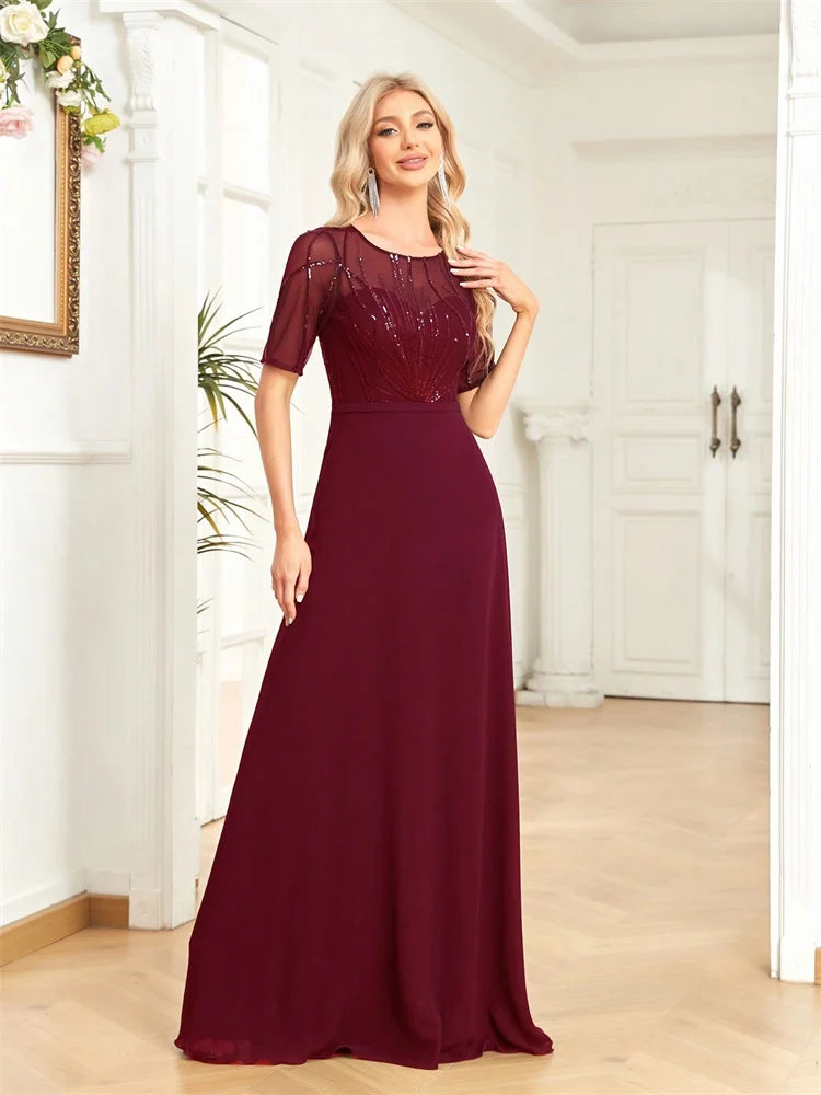 Elegant Short Sleeves Sequins Formal Evening Dresses Women Chiffon Mermaid Bridesmaid Party Maxi Prom Cocktail Gowns