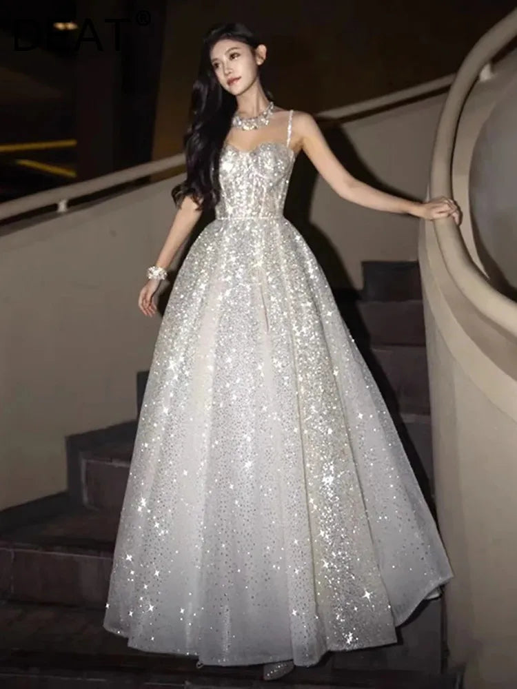 DEAT Fashion Silver Sequined Strapless Dress Women's Slach Neck Slim Fit High Big Swing Ankle-length Dresses New 7A438