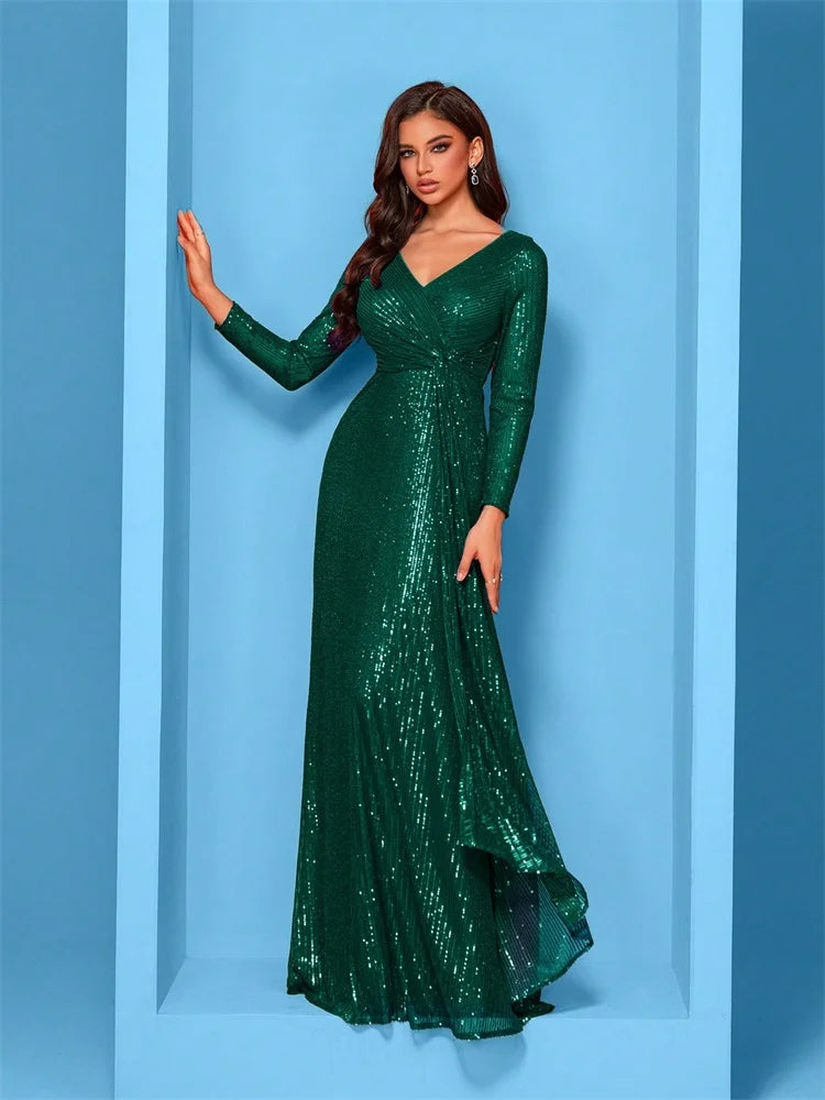 Luxury Floor Length V-Neck Evening Dress Women Elegant Party Maxi Dress Sequin Long Sleeves Prom Cocktail Dress Gowns